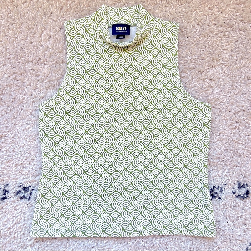 NWOT MAEVE Anthropologie Structured Mock Neck Mod Top, green & white, size L